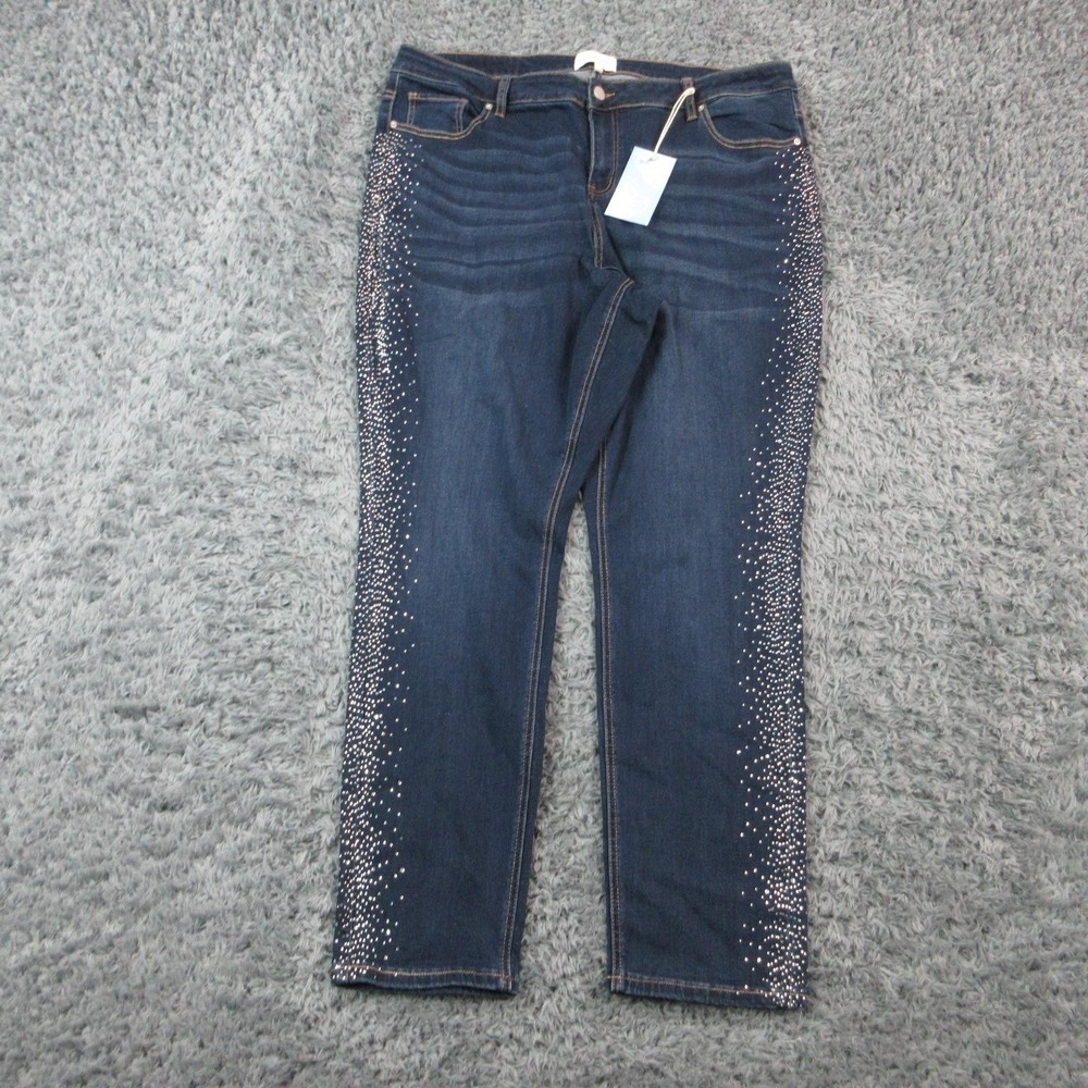 Poppy & Grace Jeans Womens 18W Blue Dark Straight Rhinestone 38x29* NWT
